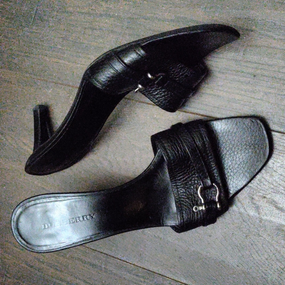 Burberry Black Leather Slip On Heeled  Sandals